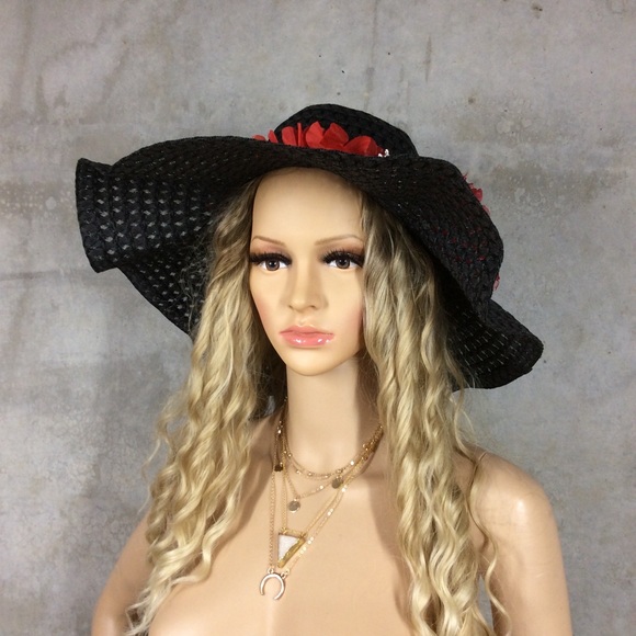 🌺 FLOPPY HAT FLOWER BLING FLORAL SUN BLOCKER BEACH ROSE SUMMER BLACK POOL BOHO - Picture 5 of 8